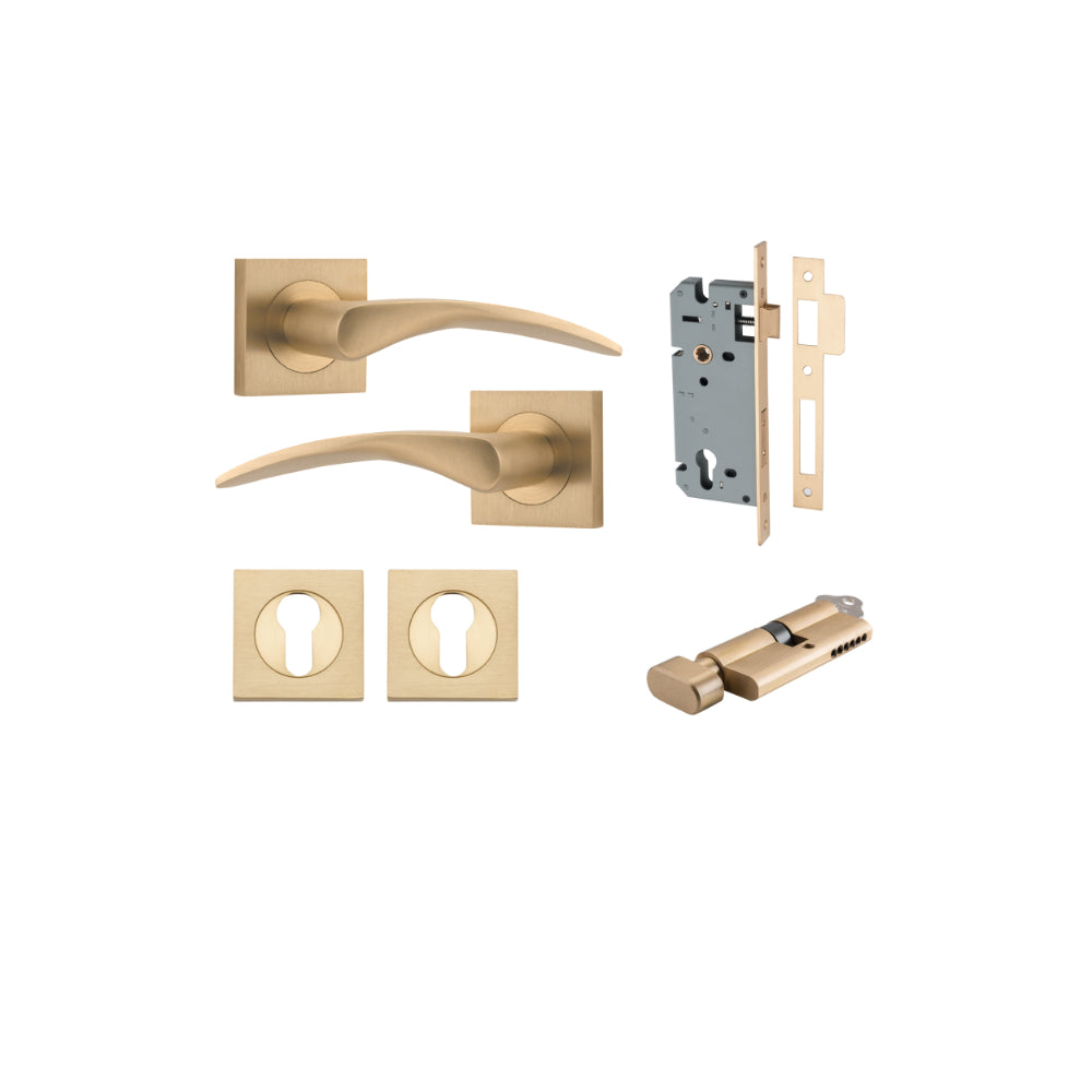 Door Lever Oxford Square Rose Pair Brushed Brass H52xW52xP64mm Entrance Kit, Mortice Lock Euro Brushed Brass CTC85mm Backset 60mm, Euro Cylinder Key Thumb 6 Pin Brushed Brass L70mm  

 KA1, Escutcheon Euro Concealed Fix Square Pair Brushed Brass H5… in Br