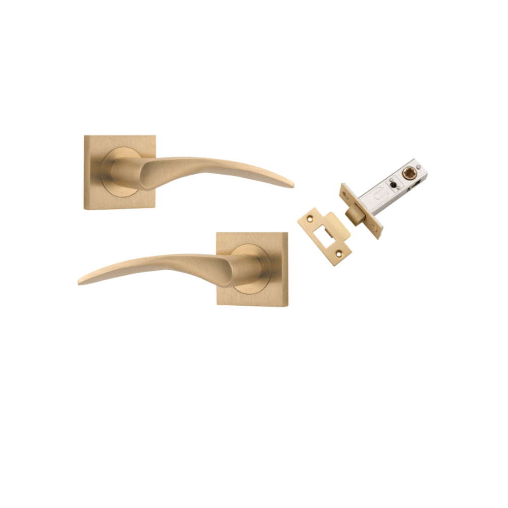 Door Lever Oxford Square Rose Pair Brushed Brass H52xW52xP64mm Passage Kit, Tube Latch Split Cam 'T' Striker Brushed Brass Backset 60mm in Brushed Brass