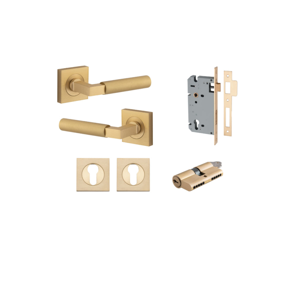 Door Lever Berlin Rose Square Pair Brushed Brass L120xP60mm BPH52xW52mm, Mortice Lock Euro Brushed Brass CTC85mm Backset 60mm, Euro Cylinder Dual Function 5 Pin Brushed Brass 65mm KA4, Escutcheon Euro Concealed Fix Square Pair H52xW52xP10mm in Brushed Bra