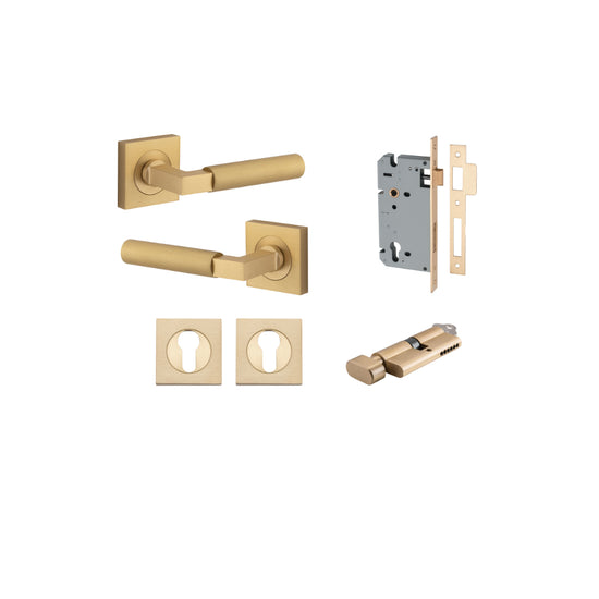 Door Lever Berlin Rose Square Pair Brushed Brass L120xP60mm BPH52xW52mm, Mortice Lock Euro Brushed Brass CTC85mm Backset 60mm, Euro Cylinder Key Thumb 5 Pin Brushed Brass 65mm KA4, Escutcheon Euro Concealed Fix Square Pair Brushed Brass H52xW52xP10mm in B