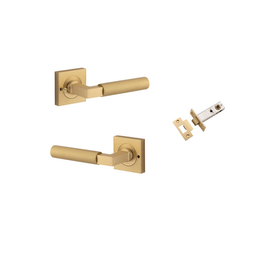 Door Lever Berlin Rose Square Brushed Brass L120xP60mm BPH52xW52mm Inbuilt Privacy Kit, Tube Latch Privacy with Faceplate & T striker Backset 60mm in Brushed Brass