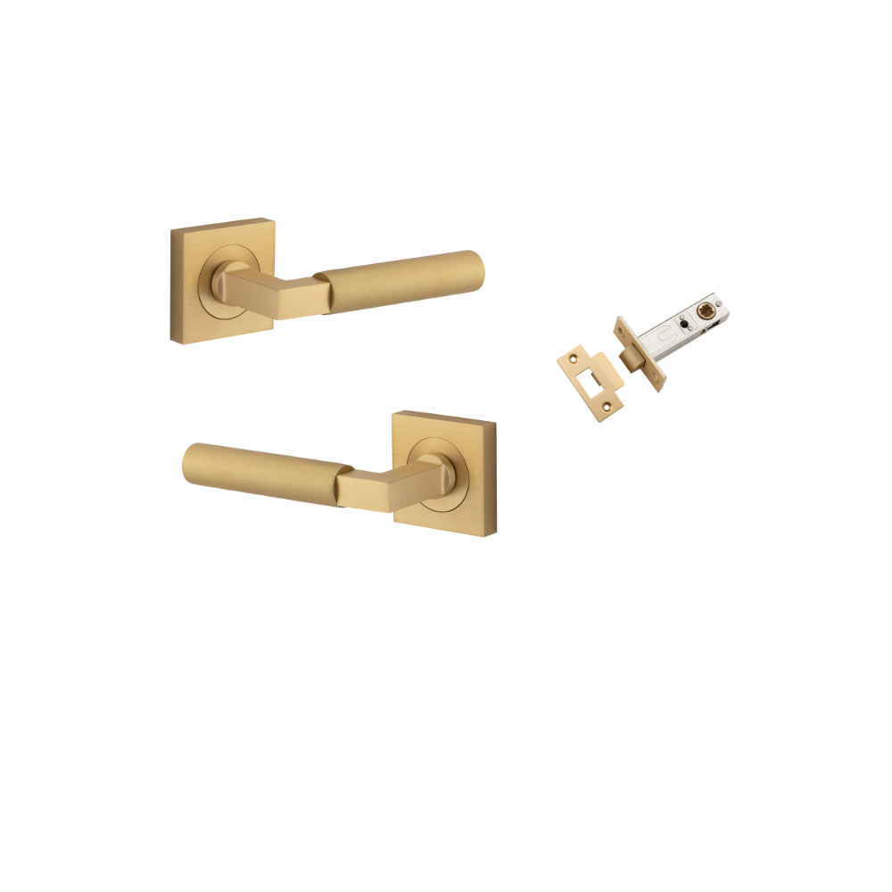 Door Lever Berlin Rose Square Brushed Brass L120xP60mm BPH52xW52mm Passage Kit, Tube Latch Split Cam 'T' Striker Brushed Brass Backset 60mm in Brushed Brass