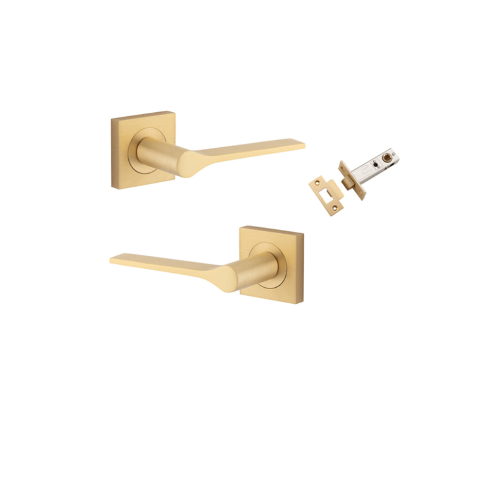 Door Lever Como Rose Square Brushed Brass L119xP62mm BPH52xW52mm Passage Kit, Tube Latch Split Cam 'T' Striker Brushed Brass Backset 60mm in Brushed Brass