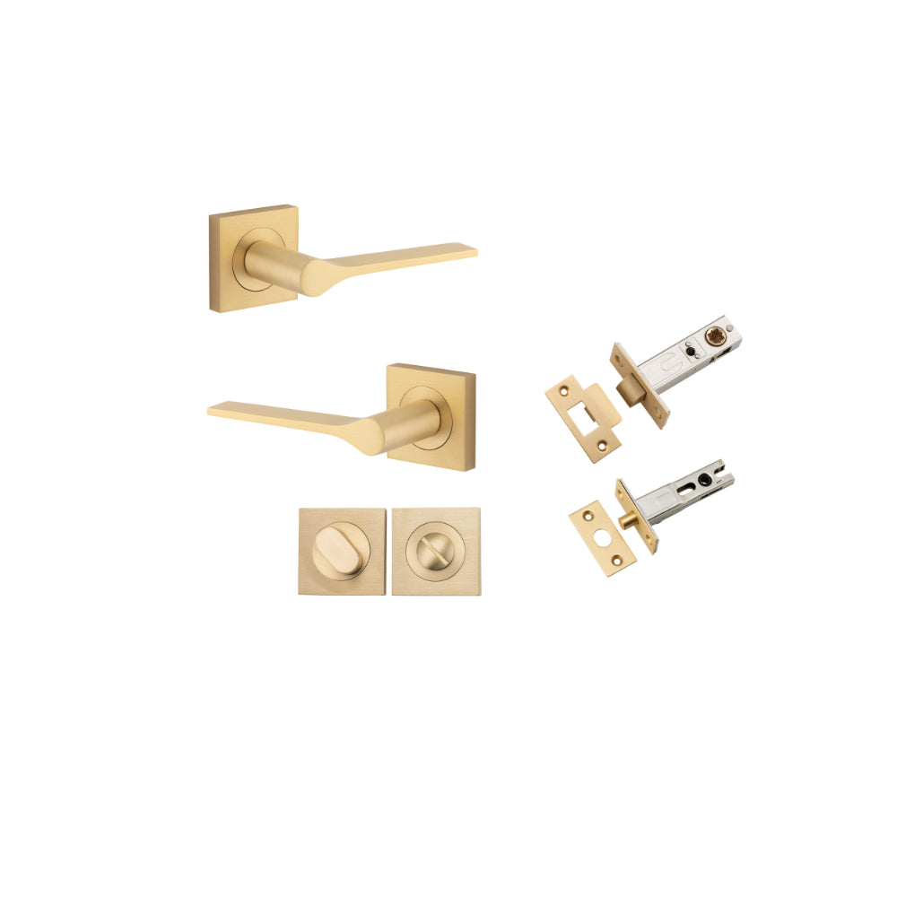 Door Lever Como Rose Square Brushed Brass L119xP62mm BPH52xW52mm Privacy Kit, Tube Latch Split Cam 'T' Striker Brushed Brass Backset 60mm, Privacy Bolt Round Bolt Brushed Brass Backset 60mm, Privacy Turn Oval Concealed Fix Square H52xW52xP23mm in Brushed