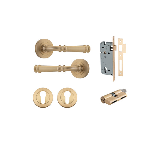 Door Lever Verona Round Rose Pair Brushed Brass D52xP59mm Entrance Kit, Mortice Lock Euro Brushed Brass CTC85mm Backset 60mm, Euro Cylinder Dual Function 5 Pin Brushed Brass L65mm KA1, Escutcheon Euro Concealed Fix Round Pair Brushed Brass D52xP10mm in Br