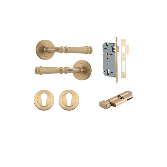 Door Lever Verona Round Rose Pair Brushed Brass D52xP59mm Entrance Kit, Mortice Lock Euro Brushed Brass CTC85mm Backset 60mm, Euro Cylinder Key Thumb 6 Pin Brushed Brass L70mm  

 KA1, Escutcheon Euro Concealed Fix Round Pair Brushed Brass D52xP10mm in Br