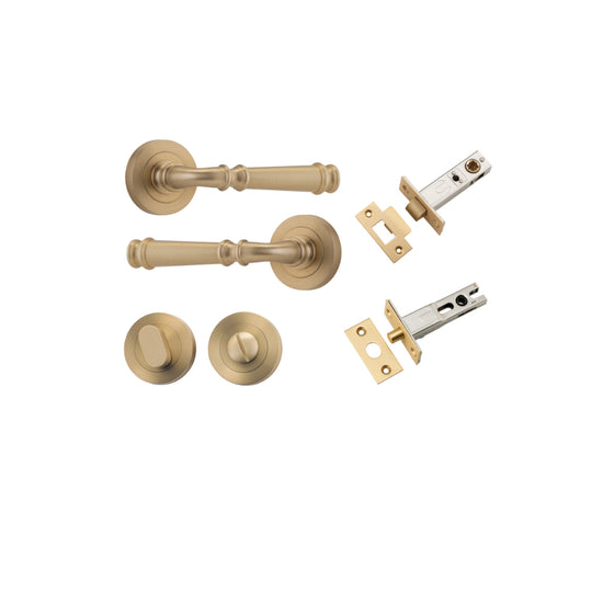 Door Lever Verona Round Rose Pair Brushed Brass D52xP59mm Privacy Kit, Tube Latch Split Cam 'T' Striker Brushed Brass Backset 60mm, Privacy Bolt Round Bolt Brushed Brass Backset 60mm, Privacy Turn Oval Concealed Fix Round Brushed Brass D52xP23mm in Brushe