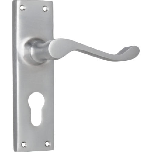 Door Lever Victorian Euro Pair Satin Chrome H152xW42xP59mm in Satin Chrome