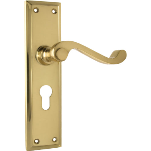 Door Lever Milton Euro Pair Polished Brass H200xW50xP68mm in Polished Brass