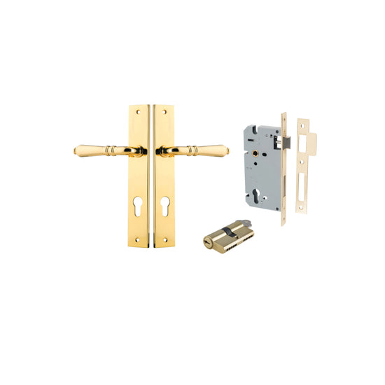 Door Lever Sarlat Rectangular Euro Polished Brass CTC85mm H240xW38xP55mm Entrance Kit, Mortice Lock Euro Polished Brass CTC85mm Backset 60mm, Euro Cylinder Dual Function 5 Pin Polished Brass L65mm KA1 in Polished Brass