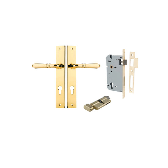 Door Lever Sarlat Rectangular Euro Polished Brass CTC85mm H240xW38xP55mm Entrance Kit, Mortice Lock Euro Polished Brass CTC85mm Backset 60mm, Euro Cylinder Key Thumb 6 Pin Polished Brass L70mm KA1 in Polished Brass