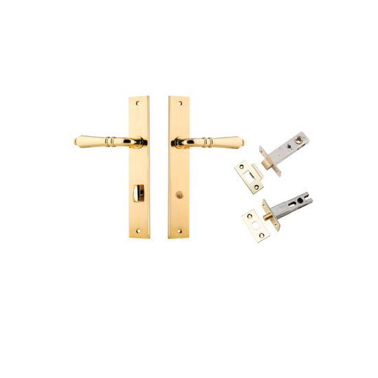 Door Lever Sarlat Rectangular Privacy Polished Brass CTC85mm H240xW38xP55mm Privacy Kit, Tube Latch Split Cam 'T' Striker Polished Brass Backset 60mm, Privacy Bolt Round Bolt Polished Brass Backset 60mm in Polished Brass