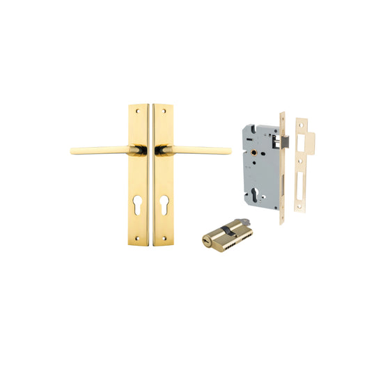 Door Lever Baltimore Rectangular Euro Polished Brass CTC85mm H240xW38xP55mm Entrance Kit, Mortice Lock Euro Polished Brass CTC85mm Backset 60mm, Euro Cylinder Dual Function 5 Pin Polished Brass L65mm KA1 in Polished Brass