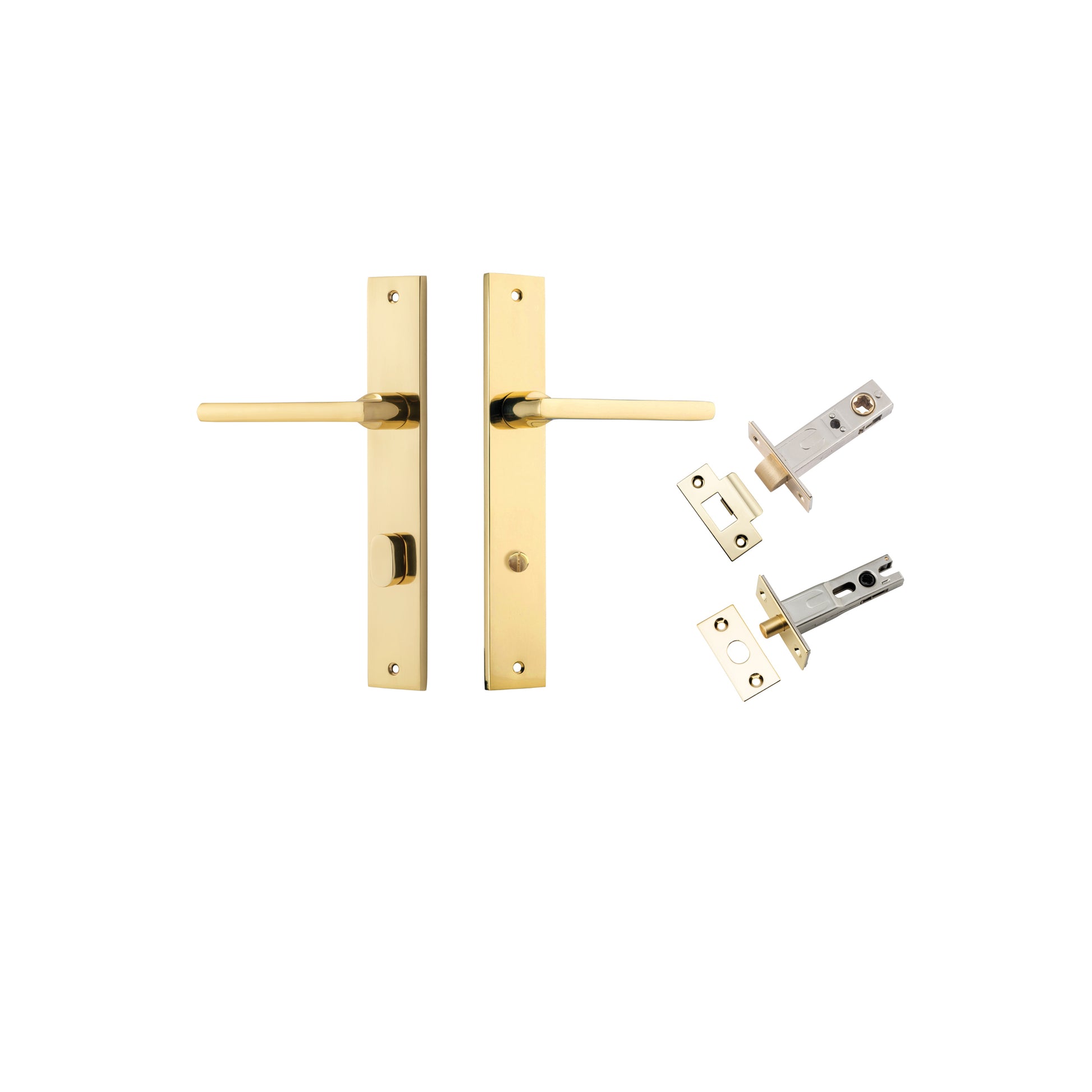 Door Lever Baltimore Rectangular Privacy Polished Brass CTC85mm H240xW38xP55mm Inbuilt Privacy Kit, Tube Latch Split Cam 'T' Striker Polished Brass Backset 60mm, Privacy Bolt Round Bolt Polished Brass Backset 60mm in Polished Brass