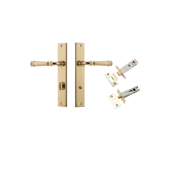 Door Lever Verona Rectangular Privacy Polished Brass CTC85mm H240xW38xP59mm Inbuilt Privacy Kit, Tube Latch Split Cam 'T' Striker Polished Brass Backset 60mm, Privacy Bolt Round Bolt Polished Brass Backset 60mm in Polished Brass