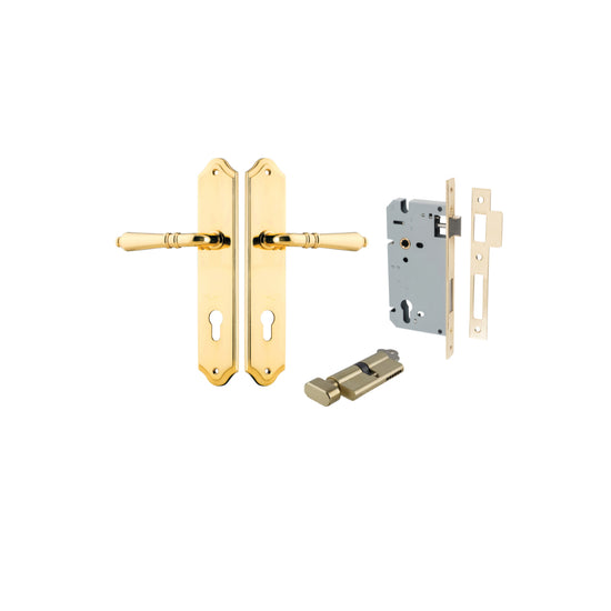 Door Lever Sarlat Shouldered Euro Polished Brass CTC85mm H250xW48xP57mm Entrance Kit, Mortice Lock Euro Polished Brass CTC85mm Backset 60mm, Euro Cylinder Key Thumb 6 Pin Polished Brass L70mm KA1 in Polished Brass