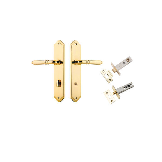 Door Lever Sarlat Shouldered Privacy Polished Brass CTC85mm H250xW48xP57mm Privacy Kit, Tube Latch Split Cam 'T' Striker Polished Brass Backset 60mm, Privacy Bolt Round Bolt Polished Brass Backset 60mm in Polished Brass