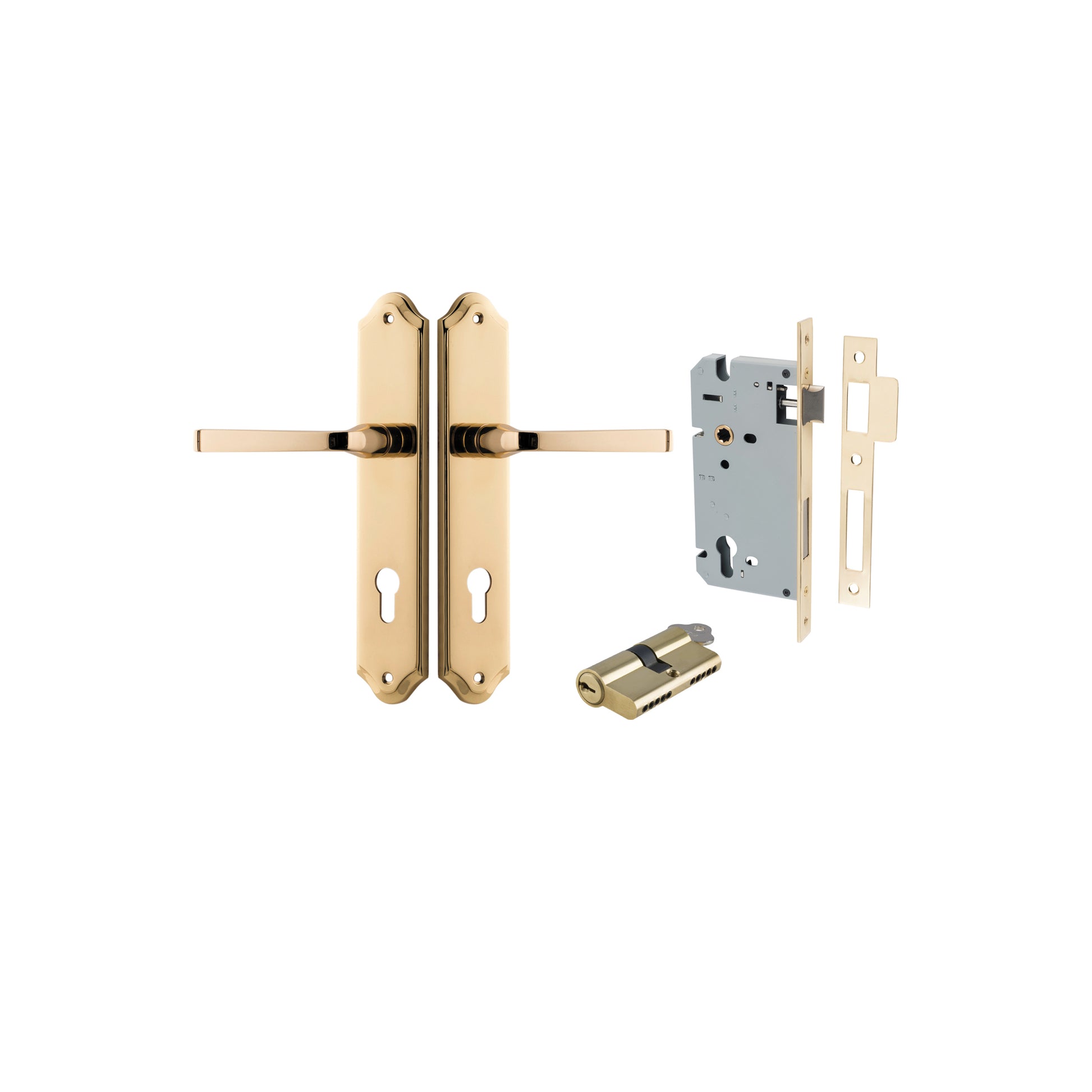 Door Lever Annecy Shouldered Euro Polished Brass CTC85mm H240xW50xP65mm Entrance Kit, Mortice Lock Euro Polished Brass CTC85mm Backset 60mm, Euro Cylinder Dual Function 5 Pin Polished Brass L65mm KA1 in Polished Brass