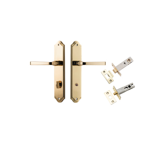 Door Lever Annecy Shouldered Privacy Polished Brass CTC85mm H240xW50xP65mm Inbuilt Privacy Kit, Tube Latch Split Cam 'T' Striker Polished Brass Backset 60mm, Privacy Bolt Round Bolt Polished Brass Backset 60mm in Polished Brass