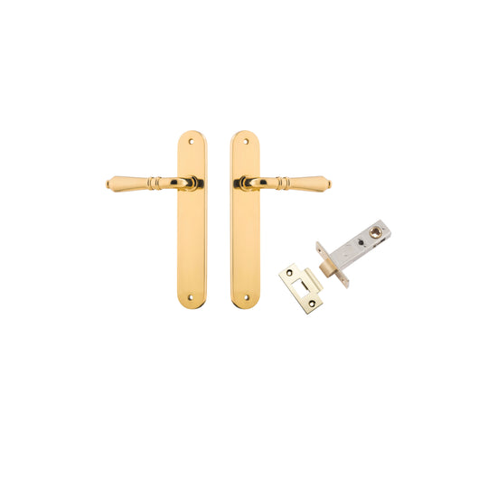 Door Lever Sarlat Oval Latch Polished Brass H240xW40xP55mm Passage Kit, Tube Latch Split Cam 'T' Striker Polished Brass Backset 60mm in Polished Brass