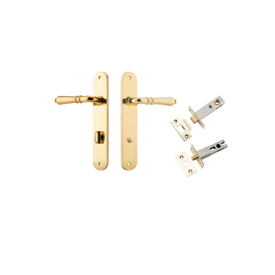 Door Lever Sarlat Oval Privacy Polished Brass CTC85mm H240xW40xP55mm Privacy Kit, Tube Latch Split Cam 'T' Striker Polished Brass Backset 60mm, Privacy Bolt Round Bolt Polished Brass Backset 60mm in Polished Brass