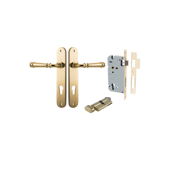 Door Lever Verona Oval Euro Polished Brass CTC85mm H240xW40xP59mm Entrance Kit, Mortice Lock Euro Polished Brass CTC85mm Backset 60mm, Euro Cylinder Key Thumb 6 Pin Polished Brass L70mm KA1 in Polished Brass