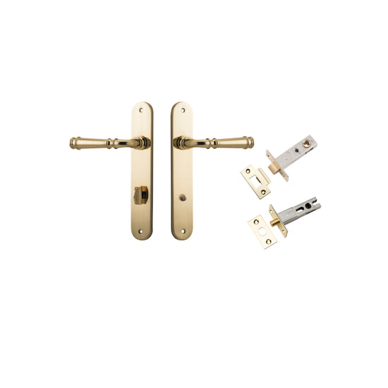 Door Lever Verona Oval Privacy Polished Brass CTC85mm H240xW40xP59mm Inbuilt Privacy Kit, Tube Latch Split Cam 'T' Striker Polished Brass Backset 60mm, Privacy Bolt Round Bolt Polished Brass Backset 60mm in Polished Brass