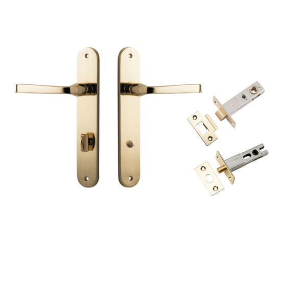 Door Lever Annecy Oval Privacy Polished Brass CTC85mm H240xW40xP62mm Inbuilt Privacy Kit, Tube Latch Split Cam 'T' Striker Polished Brass Backset 60mm, Privacy Bolt Round Bolt Polished Brass Backset 60mm in Polished Brass