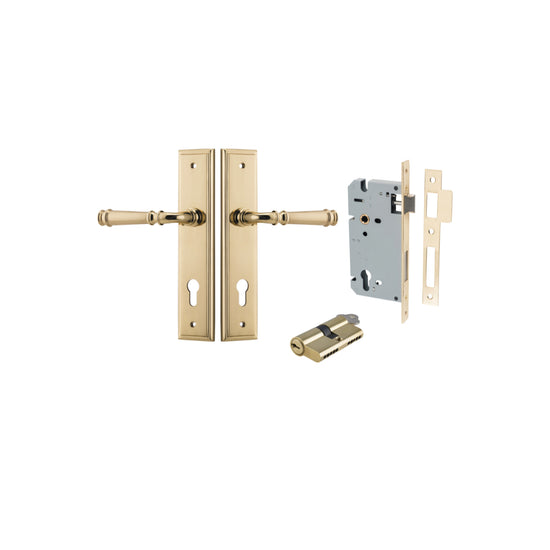 Door Lever Verona Stepped Euro Polished Brass CTC85mm H240xW50xP59mm Entrance Kit, Mortice Lock Euro Polished Brass CTC85mm Backset 60mm, Euro Cylinder Dual Function 5 Pin Polished Brass L65mm KA1 in Polished Brass