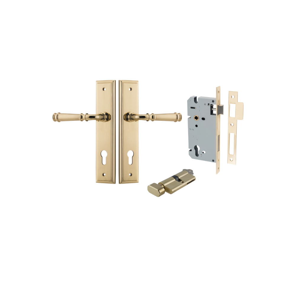 Door Lever Verona Stepped Euro Polished Brass CTC85mm H240xW50xP59mm Entrance Kit, Mortice Lock Euro Polished Brass CTC85mm Backset 60mm, Euro Cylinder Key Thumb 6 Pin Polished Brass L70mm KA1 in Polished Brass