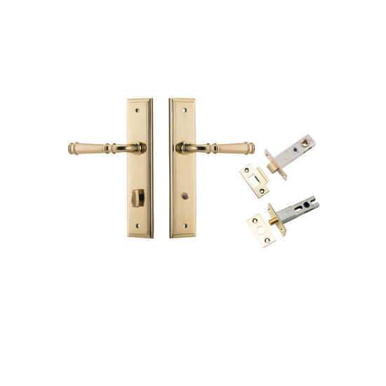 Door Lever Verona Stepped Privacy Polished Brass CTC85mm H240xW50xP59mm Inbuilt Privacy Kit, Tube Latch Split Cam 'T' Striker Polished Brass Backset 60mm, Privacy Bolt Round Bolt Polished Brass Backset 60mm in Polished Brass