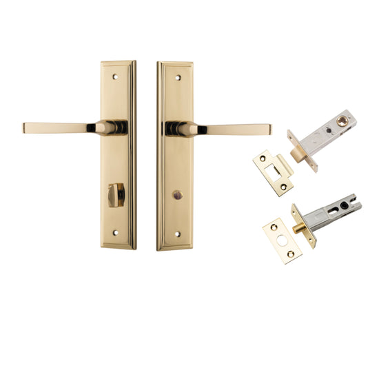 Door Lever Annecy Stepped Privacy Polished Brass CTC85mm H240xW50xP65mm Inbuilt Privacy Kit, Tube Latch Split Cam 'T' Striker Polished Brass Backset 60mm, Privacy Bolt Round Bolt Polished Brass Backset 60mm in Polished Brass