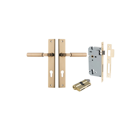 Door Lever Berlin Rectangular Euro Pair Polished Brass CTC85mm L120xP57mm BPH240xW38mm, Mortice Lock Euro Polished Brass CTC85mm Backset 60mm, Euro Cylinder Dual Function 5 Pin Polished Brass 65mm KA4 in Polished Brass