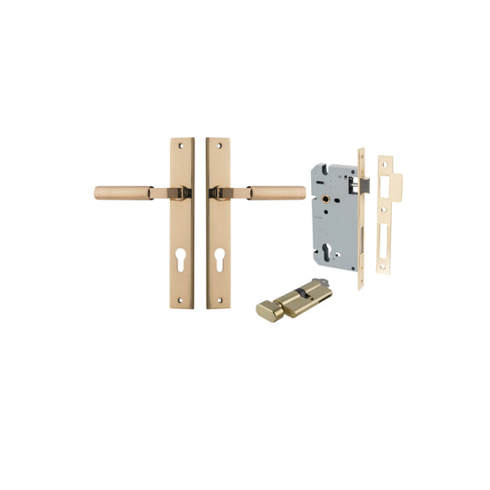 Door Lever Berlin Rectangular Euro Pair Polished Brass CTC85mm L120xP57mm BPH240xW38mm, Mortice Lock Euro Polished Brass CTC85mm Backset 60mm, Euro Cylinder Key Thumb 5 Pin Polished Brass 65mm KA4 in Polished Brass