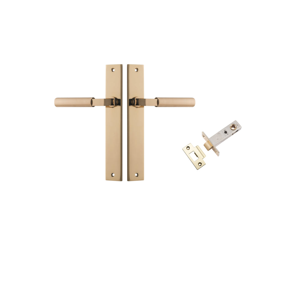 Door Lever Berlin Rectangular Polished Brass L120xP57mm BPH240xW38mm Passage Kit, Tube Latch Split Cam 'T' Striker Polished Brass Backset 60mm in Polished Brass