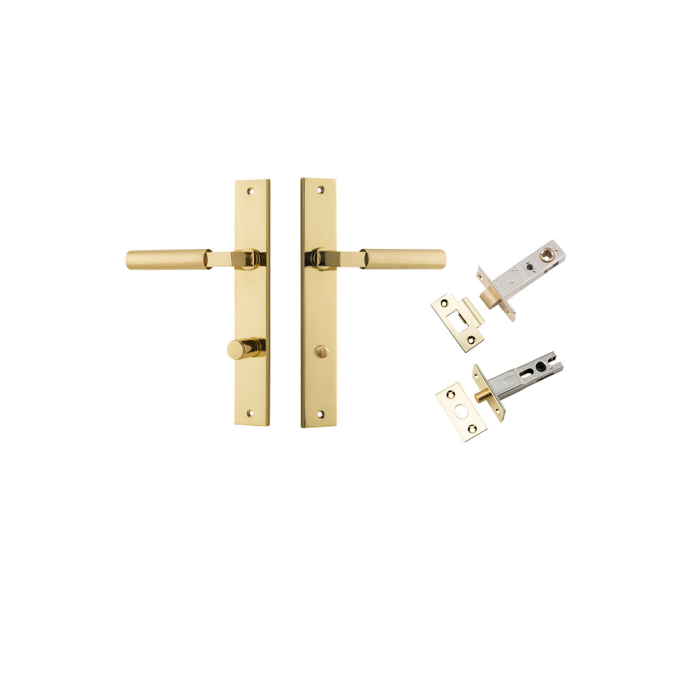 Door Lever Berlin Rectangular Privacy Polished Brass CTC85mm L120xP57mm BPH240xW38mm Privacy Kit, Tube Latch Split Cam 'T' Striker Polished Brass Backset 60mm, Privacy Bolt Round Bolt Polished Brass Backset 60mm in Polished Brass