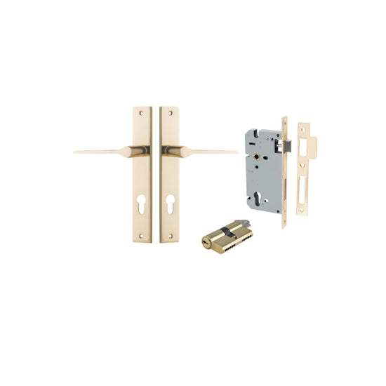 Door Lever Como Rectangular Euro Pair Polished Brass CTC85mm L119xP59mm BPH240xW38mm, Mortice Lock Euro Polished Brass CTC85mm Backset 60mm, Euro Cylinder Dual Function 5 Pin Polished Brass 65mm KA4 in Polished Brass