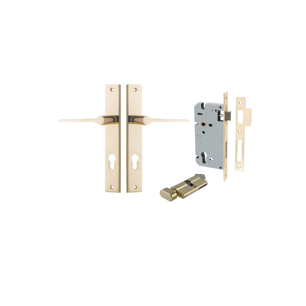 Door Lever Como Rectangular Euro Pair Polished Brass CTC85mm L119xP59mm BPH240xW38mm, Mortice Lock Euro Polished Brass CTC85mm Backset 60mm, Euro Cylinder Key Thumb 5 Pin Polished Brass 65mm KA4 in Polished Brass