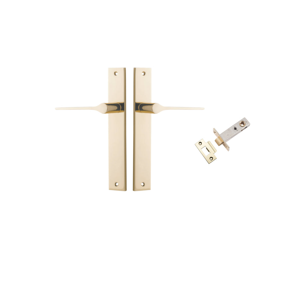 Door Lever Como Rectangular Polished Brass L119xP59mm BPH240xW38mm Passage Kit, Tube Latch Split Cam 'T' Striker Polished Brass Backset 60mm in Polished Brass