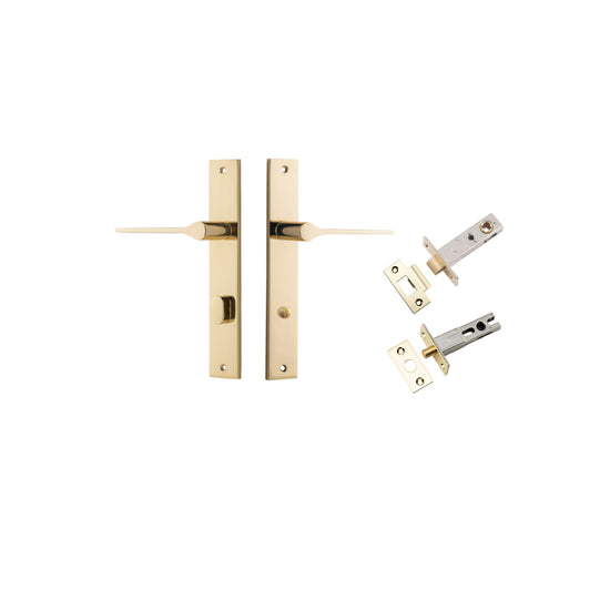 Door Lever Como Rectangular Privacy Polished Brass CTC85mm L119xP59mm BPH240xW38mm Privacy Kit, Tube Latch Split Cam 'T' Striker Polished Brass Backset 60mm, Privacy Bolt Round Bolt Polished Brass Backset 60mm in Polished Brass