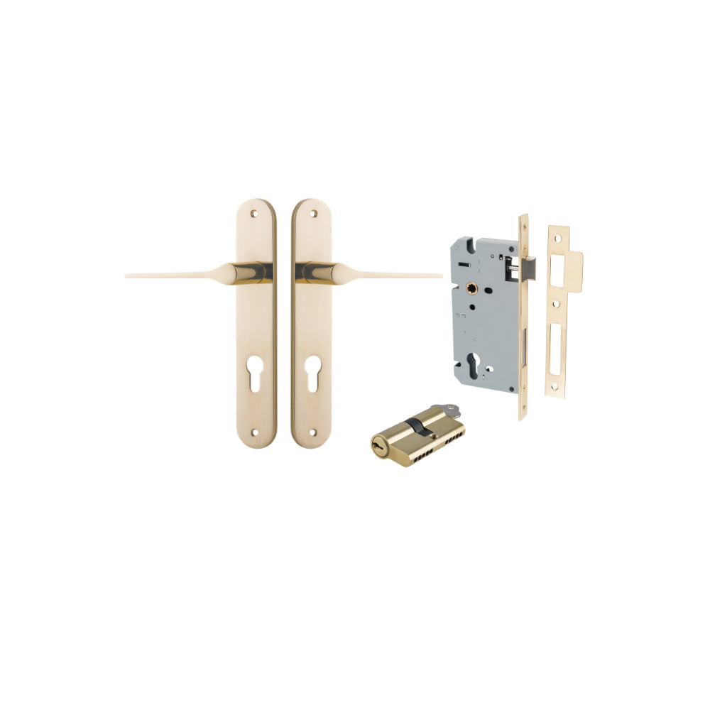 Door Lever Como Oval Euro Pair Polished Brass CTC85mm L119xP59mm BPH240xW40mm, Mortice Lock Euro Polished Brass CTC85mm Backset 60mm, Euro Cylinder Dual Function 5 Pin Polished Brass 65mm KA4 in Polished Brass