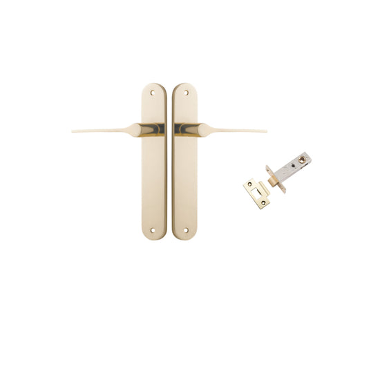 Door Lever Como Oval Polished Brass L119xP59mm BPH240xW40mm Passage Kit, Tube Latch Split Cam 'T' Striker Polished Brass Backset 60mm in Polished Brass