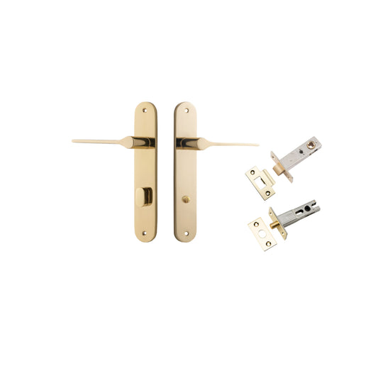 Door Lever Como Oval Privacy Polished Brass CTC85mm L119xP59mm BPH240xW40mm Privacy Kit, Tube Latch Split Cam 'T' Striker Polished Brass Backset 60mm, Privacy Bolt Round Bolt Polished Brass Backset 60mm in Polished Brass