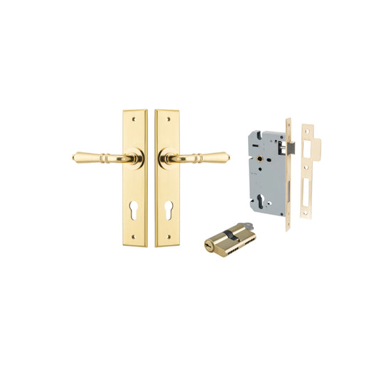 Door Lever Sarlat Chamfered Euro Pair Polished Brass CTC85mm L111xP55mm BPH240xW50mm, Mortice Lock Euro Polished Brass CTC85mm Backset 60mm, Euro Cylinder Dual Function 5 Pin Polished Brass 65mm KA4 in Polished Brass