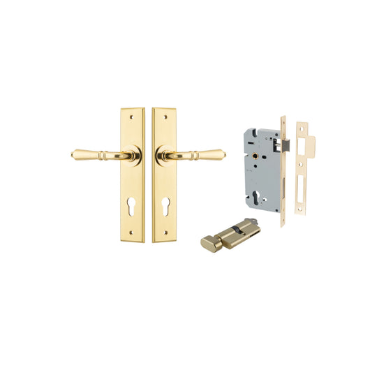 Door Lever Sarlat Chamfered Euro Pair Polished Brass CTC85mm L111xP55mm BPH240xW50mm, Mortice Lock Euro Polished Brass CTC85mm Backset 60mm, Euro Cylinder Key Thumb 5 Pin Polished Brass 65mm KA4 in Polished Brass