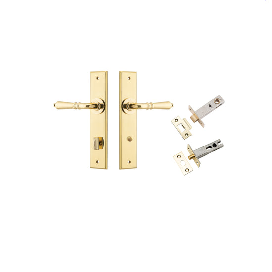 Door Lever Sarlat Chamfered Privacy Polished Brass CTC85mm L111xP55mm BPH240xW50mm Privacy Kit, Tube Latch Split Cam 'T' Striker Polished Brass Backset 60mm, Privacy Bolt Round Bolt Polished Brass Backset 60mm in Polished Brass