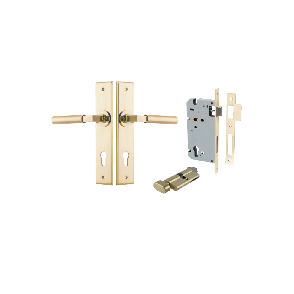 Door Lever Berlin Chamfered Euro Pair Polished Brass CTC85mm L120xP59mm BPH240xW50mm, Mortice Lock Euro Polished Brass CTC85mm Backset 60mm, Euro Cylinder Key Thumb 5 Pin Polished Brass 65mm KA4 in Polished Brass