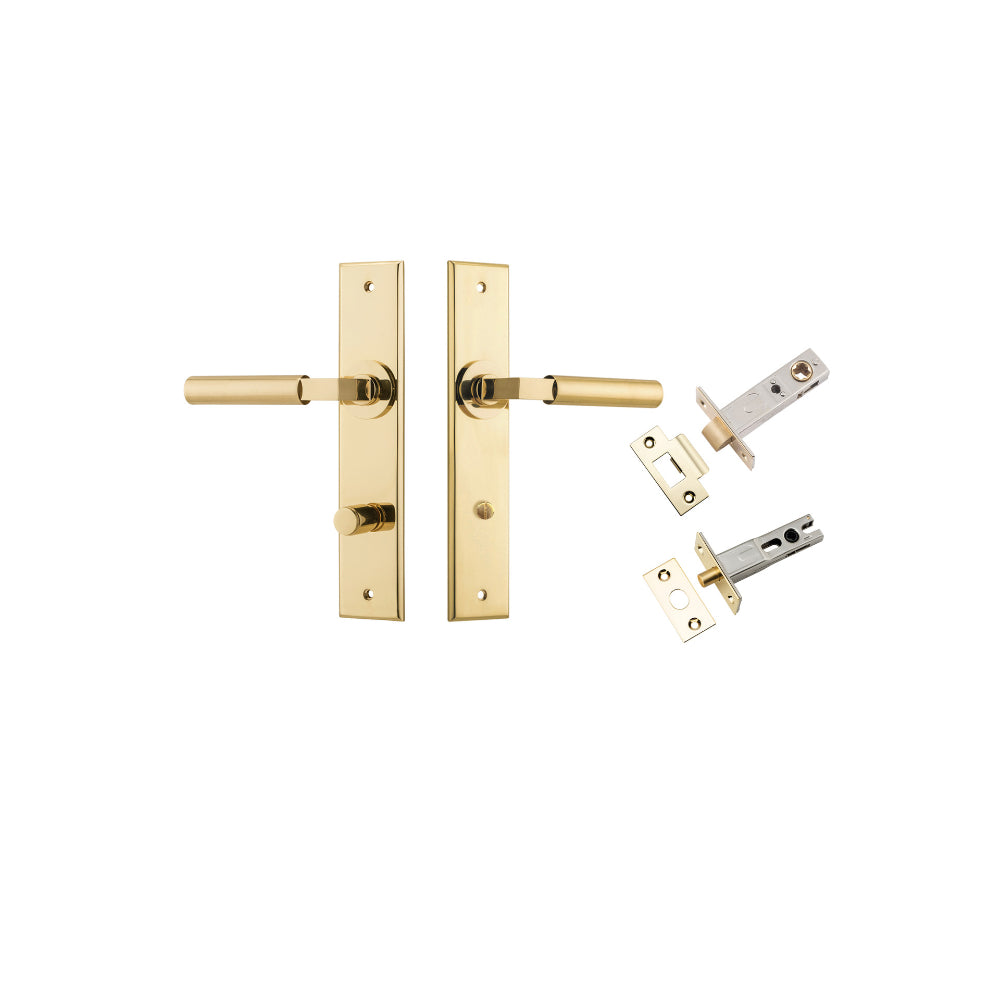 Door Lever Berlin Chamfered Privacy Polished Brass CTC85mm L120xP59mm BPH240xW50mm Privacy Kit, Tube Latch Split Cam 'T' Striker Polished Brass Backset 60mm, Privacy Bolt Round Bolt Polished Brass Backset 60mm in Polished Brass