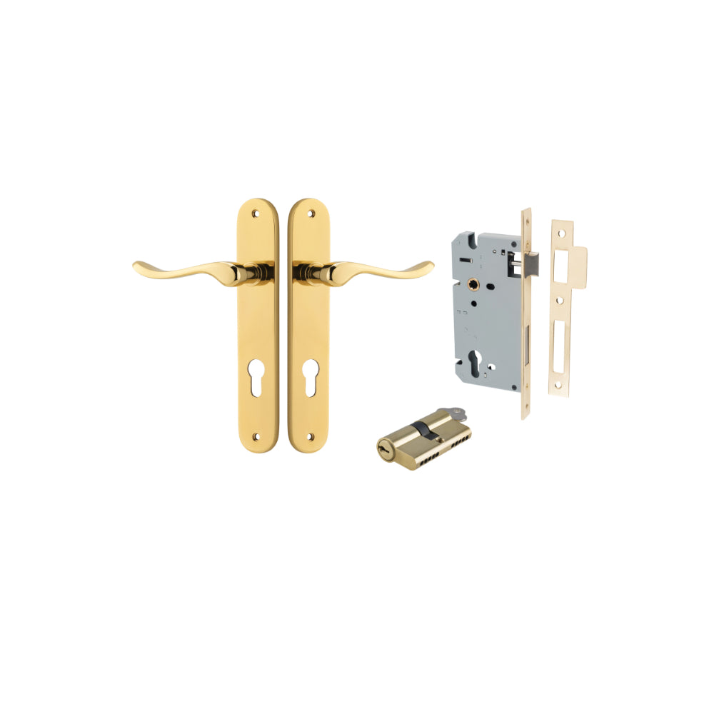 Door Lever Stirling Oval Euro Pair Polished Brass CTC85mm H240xW40xP64mm Entrance Kit, Mortice Lock Euro Polished Brass CTC85mm Backset 60mm, Euro Cylinder Dual Function 5 Pin Polished Brass L65mm KA1 in Polished Brass