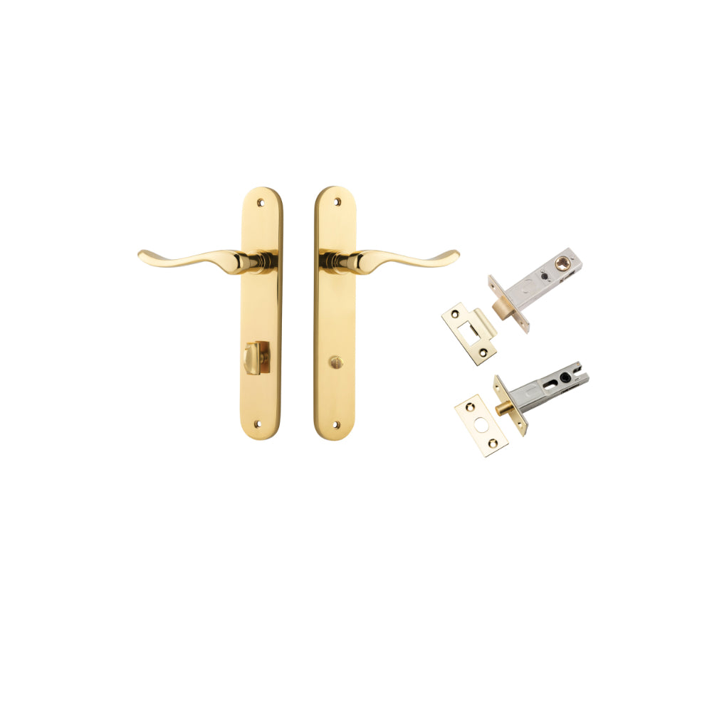 Door Lever Stirling Oval Privacy Pair Polished Brass CTC85mm H240xW40xP64mm Privacy Kit, Tube Latch Split Cam 'T' Striker Polished Brass Backset 60mm, Privacy Bolt Round Bolt Polished Brass Backset 60mm in Polished Brass